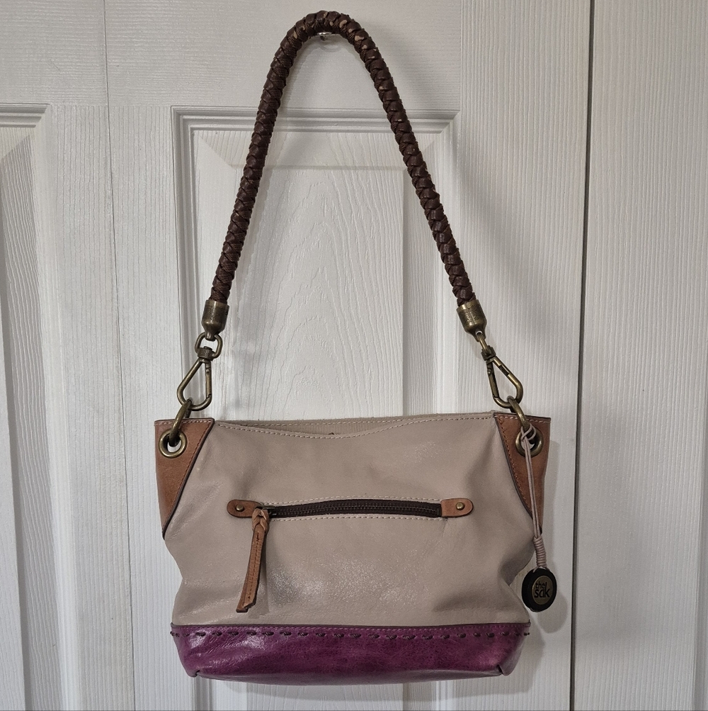 The Sak Cream And Magenta Indio Leather Two Tone Shoulder Bag Woven Handle